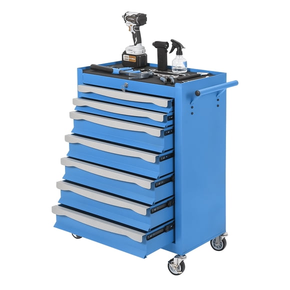Heavy Duty Rolling Tool Chest Cabinet – 7 Drawers Lock Drawer Liners – Large Capacity Mobile Tool Cart & Steel Organizer for Garage Workshop Warehouse – Blue 61.5×35×86.5 cm