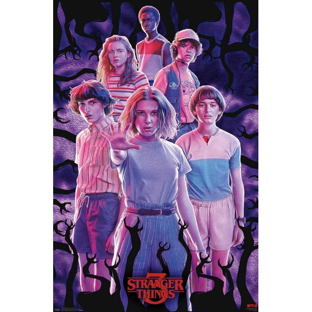 Netflix Stranger Things: Season 3 - Group Wall Poster 14.725" x 22.375" showing six characters in 1980s casual clothing against a dark purple background with black claw-like shadows. The central figure extends a hand forward wearing a light blue shirt and striped pants with a belt. The red Stranger Things 3 logo is at the bottom center, framed by black shadow silhouettes. Ideal for bedroom or dorm wall décor.