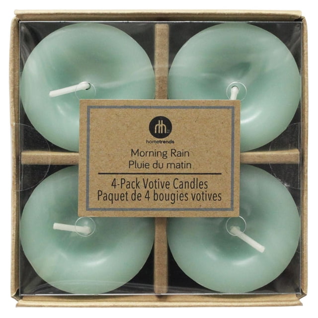 Hometrends Morning Rain Scented 4-Pack Votive Candles in aqua wax with white cotton wicks, arranged in a divided kraft cardboard box, suitable for indoor Christmas decorations and filling rooms with a refreshing rain water fragrance.