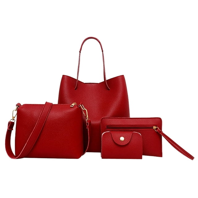 POINTERTECK 4Pcs Women Pattern Leather Handbag+Crossbody Bag+Messenger Bag+Card Package. The set includes a red leather tote bag with a minimalist design, a matching crossbody bag with a gold-tone strap attachment, a zippered messenger bag, and a compact cardholder with a snap closure. All items feature a textured leather finish and are displayed against a white background.