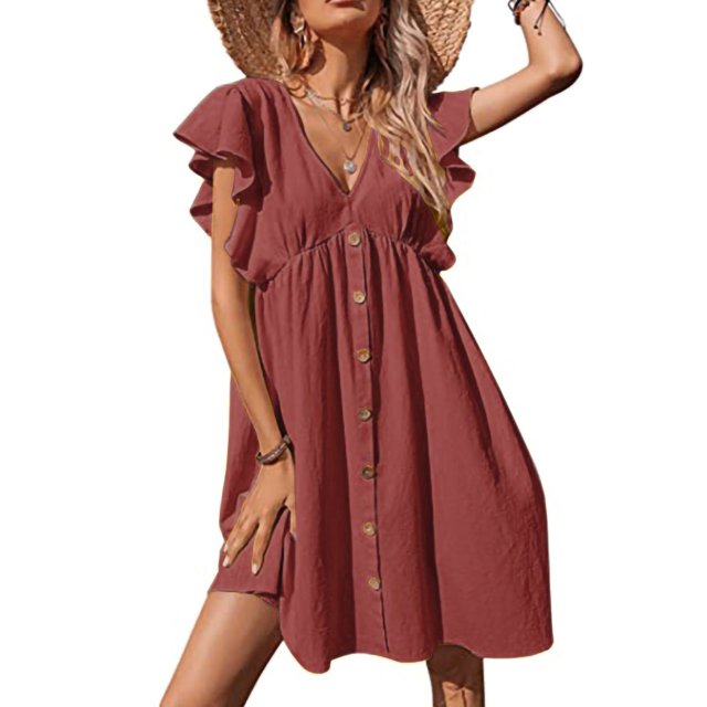 Bellella Robe Mini pour Femmes, Volants, Robes Courtes, Col en V, Robe d'Été, Décontractée, Manches, Femme, Rose, M