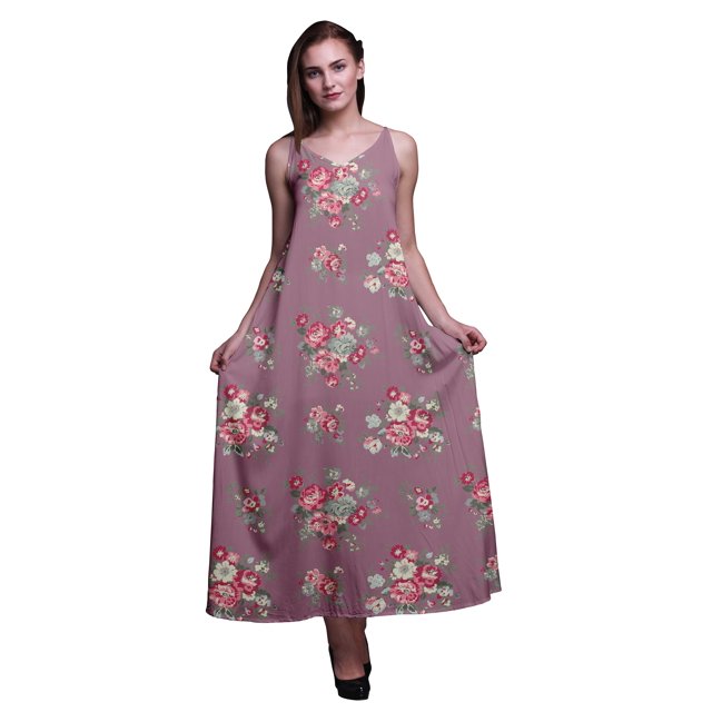 Bimba Robe Maxi à Bretelles Spaghetti Sans Manches pour Femmes en Rayonne à Imprimé Floral, Coupe Évasée - X-Grand