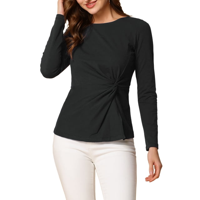INSPIRE CHIC Women's Round Neck Front Twist Long Sleeve Blouse Tops