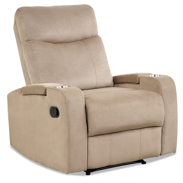Costway Recliner Fauteuil une Place Chaise Longue avec Rangement pour les Accoudoirs et Porte-Gobelet en Microfibre Brun Pâle. Comprend une Éponge Haute Densité pour le Confort, de Larges Accoudoirs avec Rangement Caché, un Dossier Incurvé et un Repose-Pieds pour la Détente. Comprend Deux Porte-Gobelets Intégrés et une base Métallique Robuste Pouvant Supporter jusqu'à 330 Lb. Convient aux Salons, Chambres Ou Bureaux.