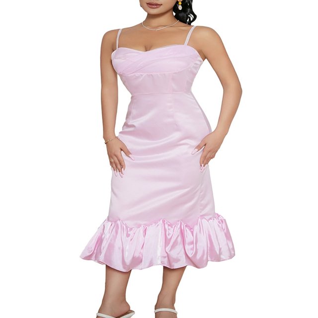 EIMELI Robe Maxi à Bretelles Spaghetti pour Femme Sans Manches Dos Nu Décolleté Plongeant Ourlet à Volants Longue Robe Sortie Robes Camisole