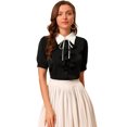 thumbnail image 1 of INSPIRE CHIC Women's Contrast Collar Tie Ruffle Front Button Short Sleeve Work Shirt, 1 of 6
