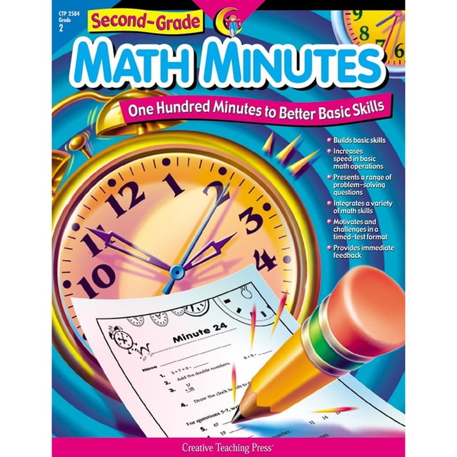 Livre de Minutes de Maths, Cahier de Travail de 2e Année Centré à l'Avant Montrant Titre et sous-Titre « Cent Minutes pour Améliorer les Compétences de Base », Niveau de Classe et Éditeur, Enseignement Créatif à Presser, 112 pages sur Couverture, Fond Blanc Clair; Conçu comme 100 Minutes à Dix Problèmes Reproductibles pour la Pratique Quotidienne afin de Développer les Compétences de Maths de Base, Augmenter la Vitesse d'Exploitation et Renforcer la Résolution de Problèmes
