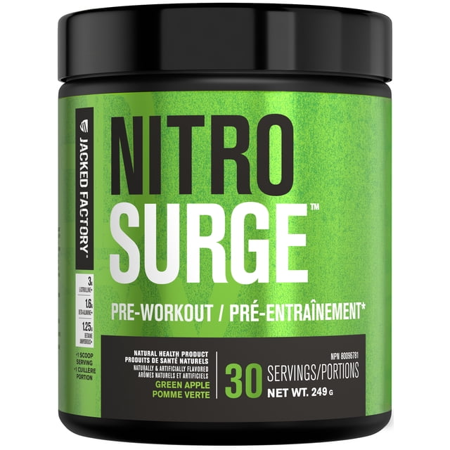 NITROSURGE Pre Workout Supplement - Green Apple flavor, displayed in a black and green container with Jacked Factory branding. The label emphasizes 30 servings, nitric oxide boosting ingredients, beta alanine, and benefits like energy, strength, and focus. Ideal for athletes and gym-goers, manufactured in a cGMP-certified facility.
