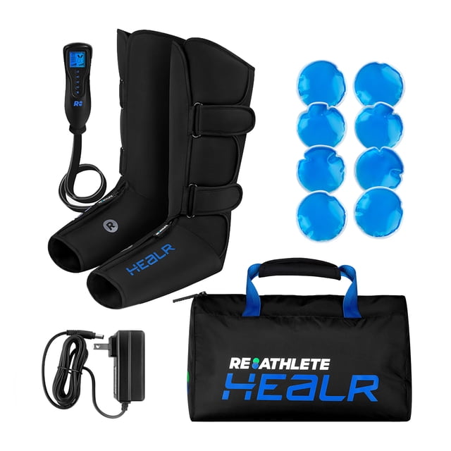 Reathlete HEALR Masseur de Jambe Tri-Thérapie avec Compression, Chaleur et Froid, Doté d'Enveloppes de Jambe Ergonomiques Noires avec Attaches Auto-Agrippantes Ajustables, d'Une Télécommande avec Réglages Intuitifs, de Huit Coussinets en gel Bleus pour la Thérapie Froide, d'Un Adaptateur d'Alimentation et d'Un Sac de Voyage Noir avec accents Bleus. Idéal pour la Thérapie par Compression d'Air, la Récupération Musculaire, l'Amélioration de la circulation et le Soulagement de la Douleur pour les Jambes, les Mollets et les Pieds
