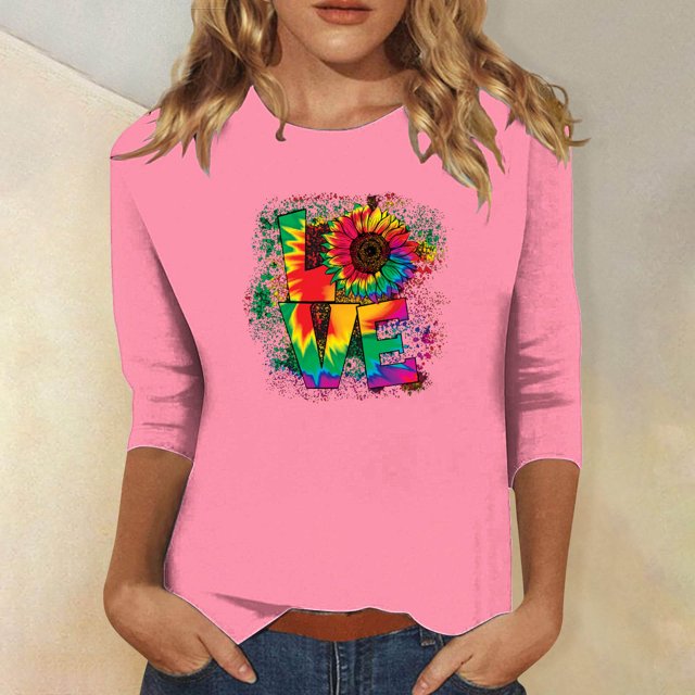 Qertyioot Cadeau pour Femmes Valentine, Mode Manches Trois-Quarts Col Rond Rétro Imprimé de Noël Haut Ample Blouse Manches Trois-Quarts