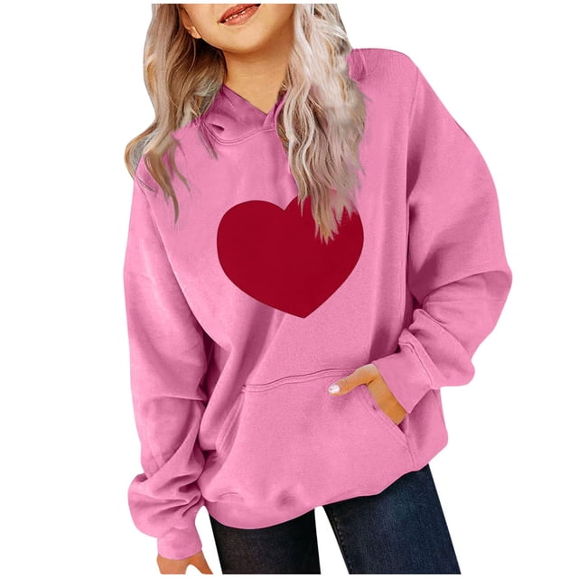 Milgrthf Chandails à Capuchon et Chandails Molletonnés pour Filles avec Écusson en Forme de Cœur, Épais, Manches Longues, Col Ras du Cou, Chandail à Capuche à Enfiler pour Préadolescente, Rose, 3 Ans