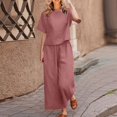 thumbnail image 2 of CHOK Femmes 2 Pièce Tenue Lin Récolte Manches Courtes Haut Salon Ensembles Assortis et Pantalons Longs Survêtements Rose Chaud L, 2 of 5