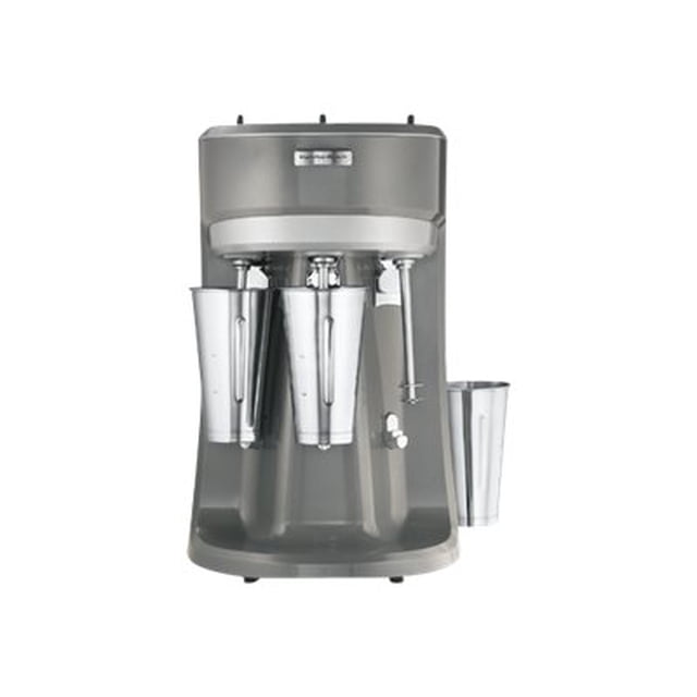 Hamilton Beach HMD400 120V Triple Spindle Commercial Drink Mixer in grey, featuring three stainless steel mixing spindles and a heavy-duty die-cast metal housing. Includes three 28-ounce stainless steel mixing cups and a 3-speed rocker switch with a pulse option for precise control. Designed with hands-free operation through a two-level cup rest and sealed motors with permanently lubricated ball bearings for durability. Measures 9 by 12.5 by 20.5 inches.