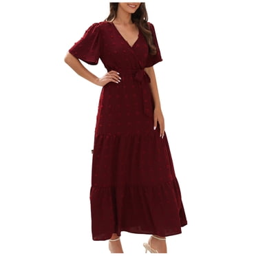 TopLLC Robes d'Été pour Femmes 2023 Robe Bohème Manches Courtes Col en V Pois Suisses à Volants Robe Maxi à Étages Robes de Cocktail Smockées
