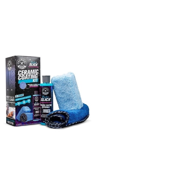 HydroSlick Ceramic Coating Kit with a black and blue branded box, an 8oz blue HydroSlick ceramic coating bottle, a light blue microfiber applicator, and a folded dark blue microfiber towel, suitable for car wax and auto detailing to protect and enhance automotive paint shine.