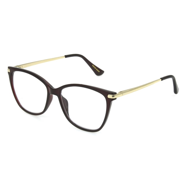 Foster Grant® Alianna Women's Reading Glasses with cat eye-shaped dark wine crystal frames and shiny gold metal temples, featuring integrated spring hinges for comfort and secure fit, equipped with single-vision, scratch-resistant, and impact-resistant lenses.