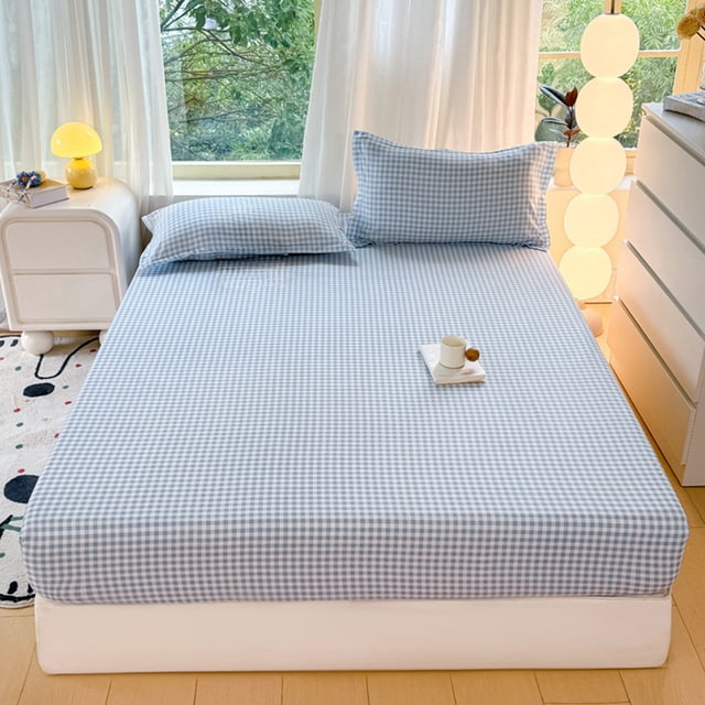 Cagogo Fitted Sheet, Lightweight Breathable Polyester Fabric, Deep Pocket Elastic Bed Sheet, Soft Washable Wrinkle Resistant Fitted Mattress Cover for Bed and Sofa, Solid Color Checkered Pattern