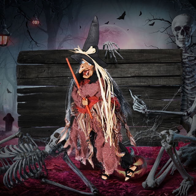WHEANG Sorcière Debout Animée d'Halloween Format Grand Sorcière Animatronique avec Phrases Préenregistrées Bras Articulés Rouges Lumineux Idéale pour la Déco Effrayante des Fêtes d'Halloween Accessoire Intérieur/extérieur
