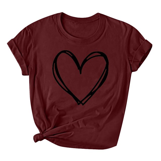 AherBiu T-Shirts de la Saint-Valentin pour Femmes à Motif de Cœur, Manches Courtes, Confortables, Basiques, en Coton, T-Shirts