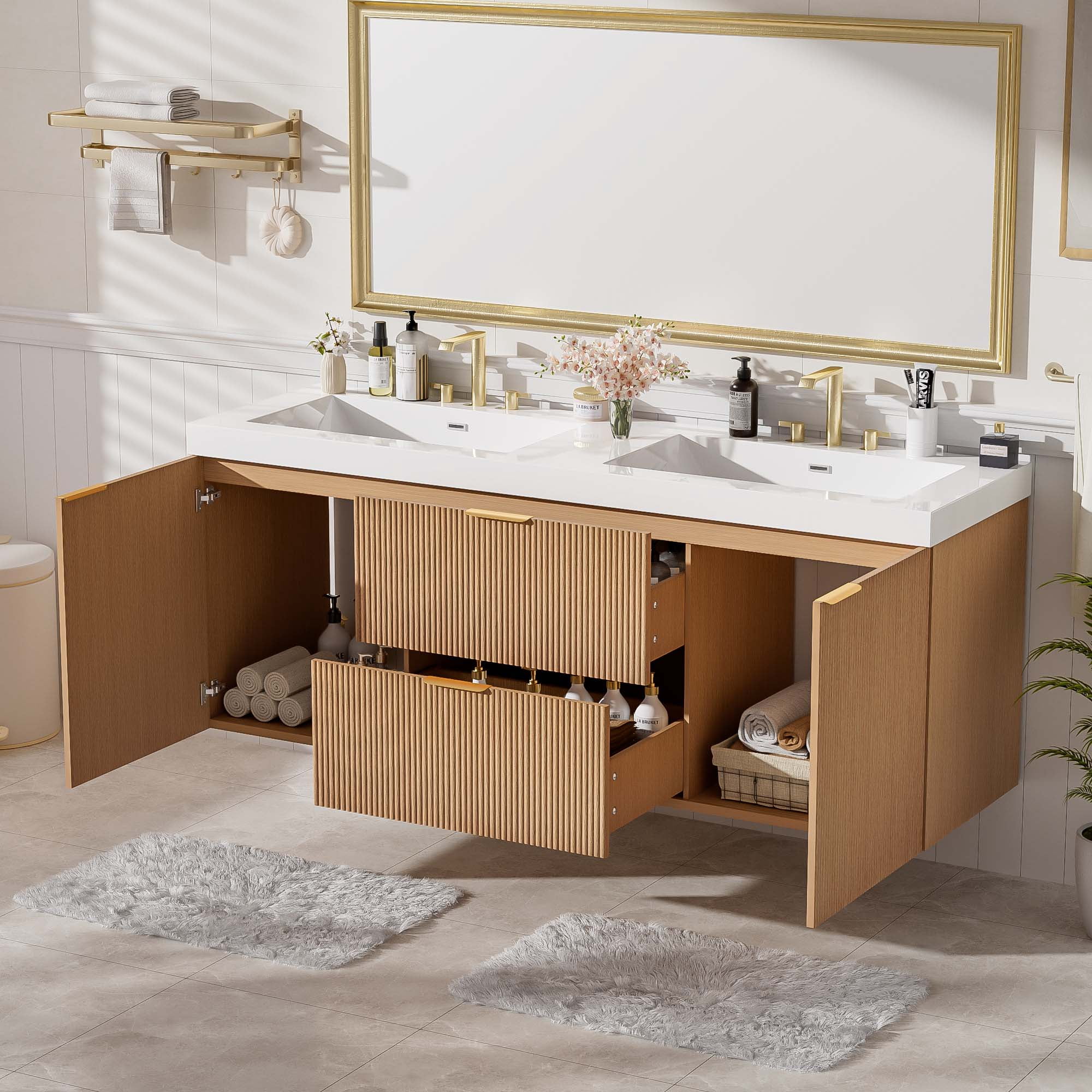 Noble House 59.3" Double Sink Bathroom Vanity, SMC Resin Top, Soft-Close Doors, Wall-Mounted, Modern Style