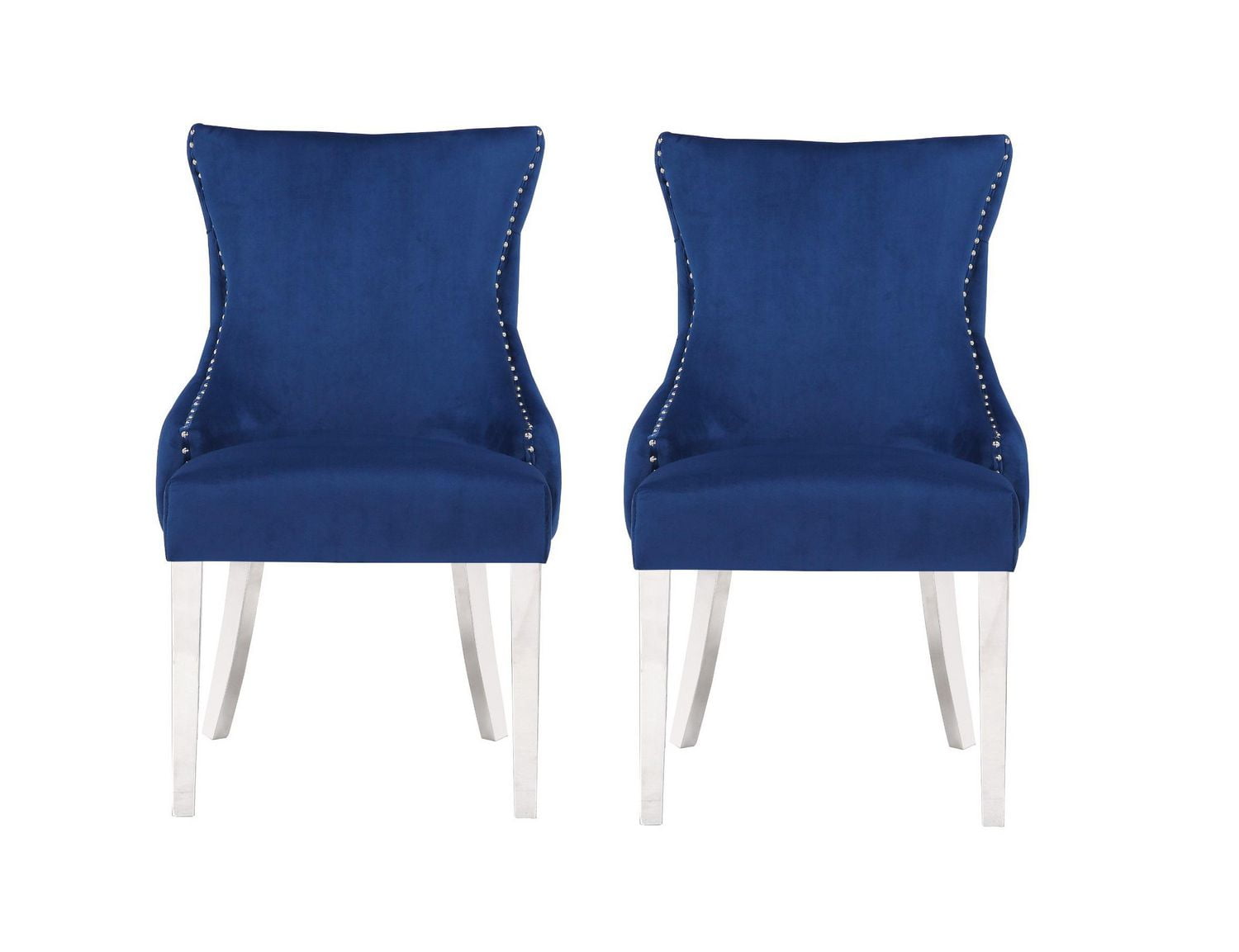 Chaise Odie en bleu, chaise de salle à manger avec garniture cloutée, chaise de salle à manger en velours, chaise de salle à manger avec pieds en acier inoxydable pour cuisine et salon - Ensemble 2