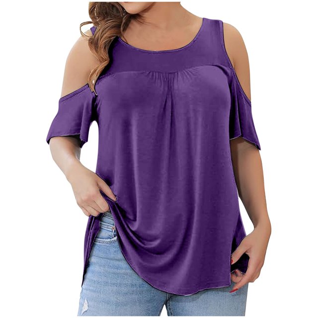 FAIWAD T-Shirts à Épaules Dénudées d'Été pour Femmes, Manches Courtes, Col Ras du Cou, T-Shirts Unis, Tunique Basique Décontractée