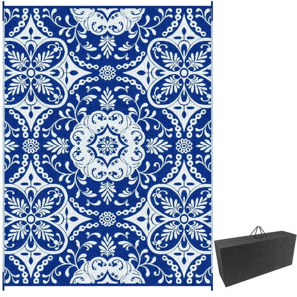 Outsunny Waterproof Outdoor Rug with Carry Bag 9' x 12' Blue & White Flower