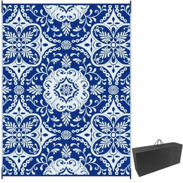 Outsunny Waterproof Outdoor Rug with Carry Bag 9' x 12' Blue & White Flower