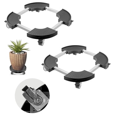 KFFKFF Poubelle avec 4 Roues Verrouillables, Capacité de Poids de 440lbs, 2 Packs Base Roulante Ronde pour Poubelle, 15-22.8 Pouces Réglable, Chariot à Plantes Robuste, Chariot Roulant Multifonctionnel, Noir