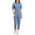 thumbnail image 1 of Unique Bargains Combinaison Pantalon pour Femme à Col Rabattu, Boutonnée, Taille à Nouer, Bleu, TP, 1 of 8