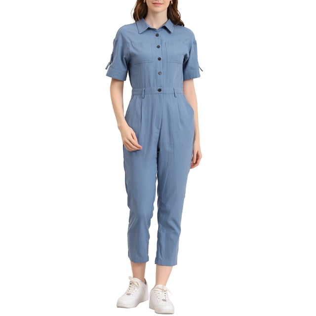 Unique Bargains Combinaison Pantalon pour Femme à Col Rabattu, Boutonnée, Taille à Nouer, Bleu, TP