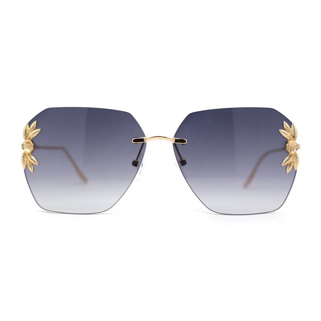 Rimless Foliage Flower Jewel Trim Rectangle Chic Sunglasses Gold Smoke