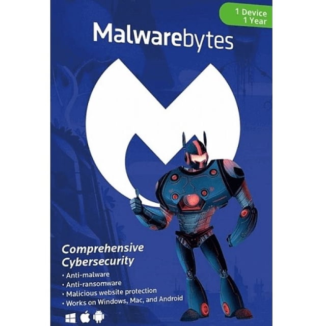 Malwarebytes Premium Emballage de Logiciel de Cybersécurité 1 An 1 Appareil avec Fond Bleu, Grand logo Malwarebytes Blanc, et une Mascotte robot Futuriste Offrant un Pouce en l'Air, Offrant une protection Complète contre les Logiciels Malveillants, les Ransomwares et les Sites Web Malveillants pour Windows, Mac et Android.
