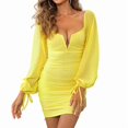 thumbnail image 2 of Women'S French Hepburn Style Long Sleeve Deep V Neck Bodycon Dress Short Yellow L, 2 of 9