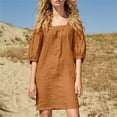 thumbnail image 2 of Mrat Robe en Coton et Lin pour Femmes Vêtements Décontractés Couleur Unie Col Carré Manches Mi-Longues Robe Courte Ample S-42 Marron TG, 2 of 4