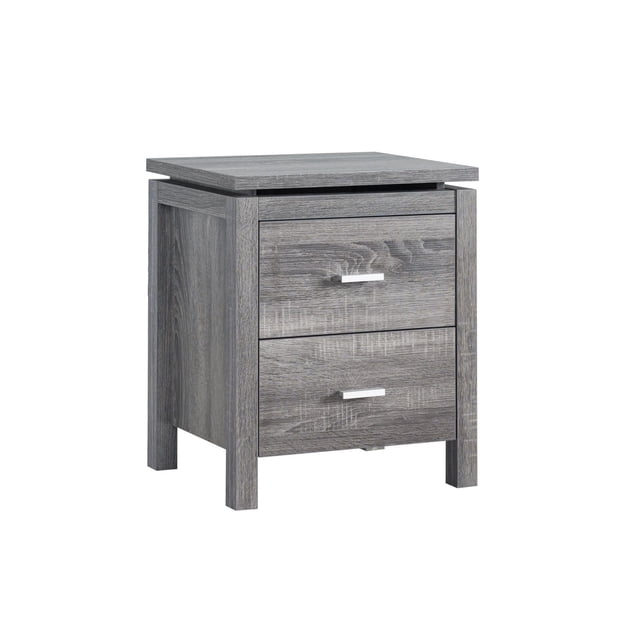 Night Stand, Grey with a slim profile and two storage drawers featuring brushed silver handles. Made of wood with a grey finish, measuring 18.5 by 15.5 by 22 inches. Ideal for bedroom furniture storage and bedside convenience, also suitable for organizing small items.
