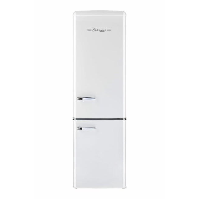 Classic Retro 9 cu. ft. Electric Bottom Freezer Refrigerator with Wine Rack in Marshmallow White. This retro-style refrigerator features a top fridge and bottom freezer design with chrome-finished zinc metal handles. It includes 4 adjustable glass shelves, a 4-bottle wine rack, and 4 full-width adjustable door shelves. The marshmallow white finish and metal siding add to its vintage appeal, making it suitable for homes, cabins, or garages.