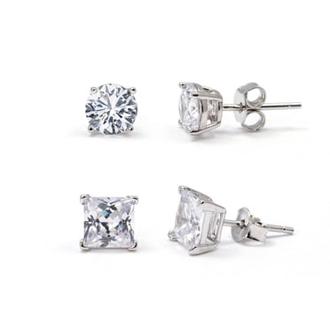 Charismas Sterling silver 6mm square and round cz duo earring set
