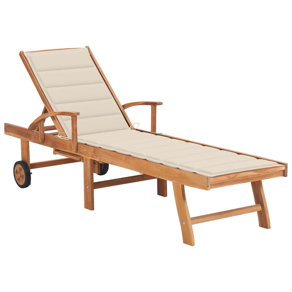 vidaXL Sun Lounger with Cream Cushion Solid Teak Wood