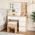 thumbnail image 1 of Vanity Desk with Mirror and LED Light, Vanity Desk with 4 Drawers, Power Outlet, Storage Stool, Storage Shelves & Hair Dryer Holder, Adjustable 3 Lighting Mode, Makeup Vanity Set for Bedroom, 1 of 6