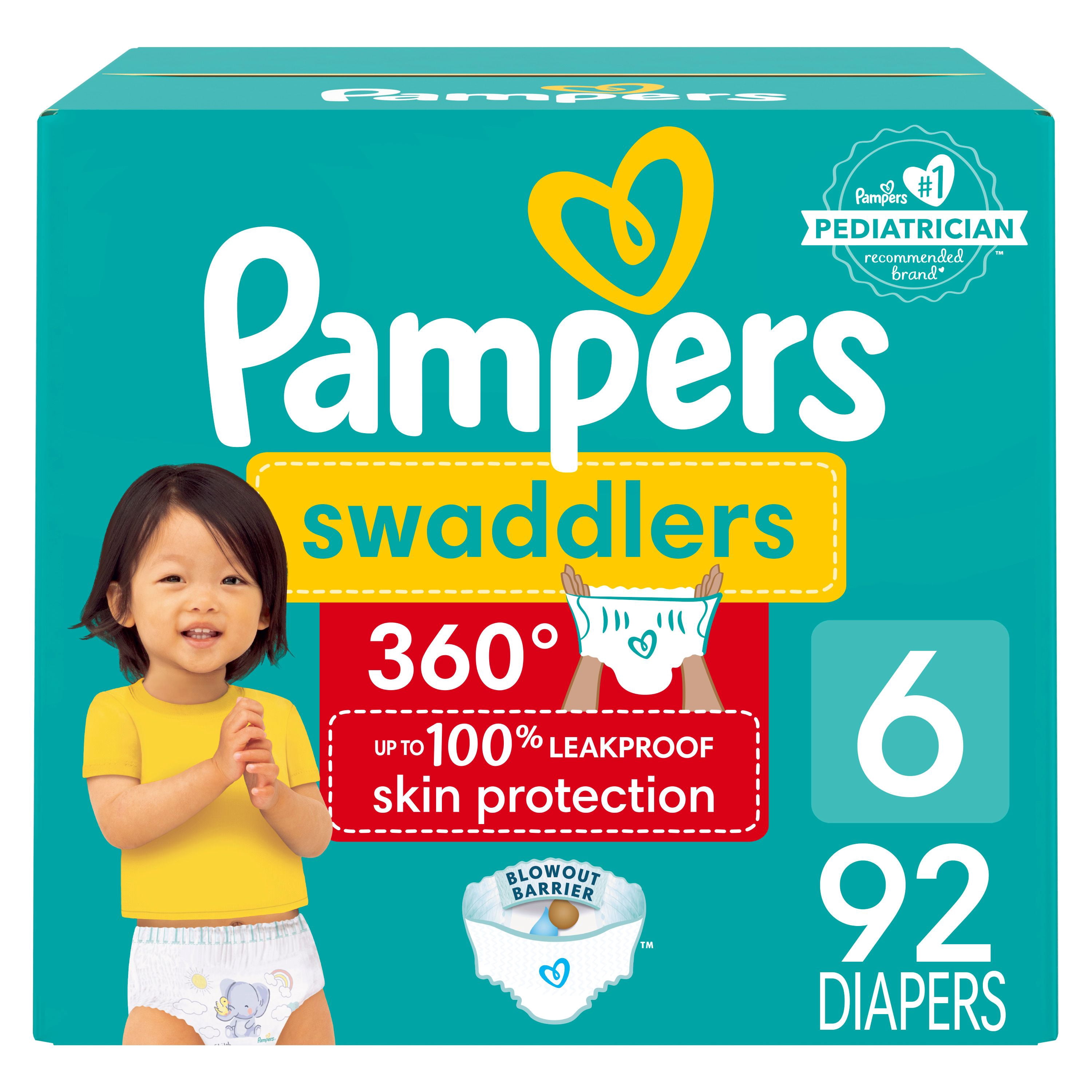 Pampers Couches - Swaddlers 360° - Taille 6, jusqu'à 100 % Anti-Fuites, Ajustement Confortable et au Sec, Attaches EZ Off Conçues pour des Changements Faciles, Couche à Enfiler