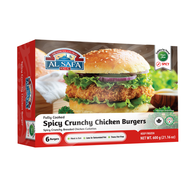 Spicy Crunchy Chicken Burgers package showing a close-up of a fully cooked, crispy breaded chicken patty sandwich with green lettuce and red onion slices inside a sesame seed bun. The 600 g pack contains 6 halal-certified spicy chicken burgers, ready to heat and eat, low in saturated fat and trans fat-free, suitable for sandwiches, wraps, or salads.