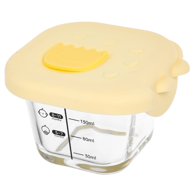 Glass Baby Feeding Bowl Clear Food Storage Bowl with a light yellow silicone lid featuring a crown design. The bowl has measurement markings for 30ml, 80ml, and 130ml, suitable for baby food, steamed eggs, appetizers, and more. Made of glass, silicone, and PP material, it has a capacity of 230ml and measures 10.5x10.5x7cm. Ideal for storing and serving various foods while keeping them warm.
