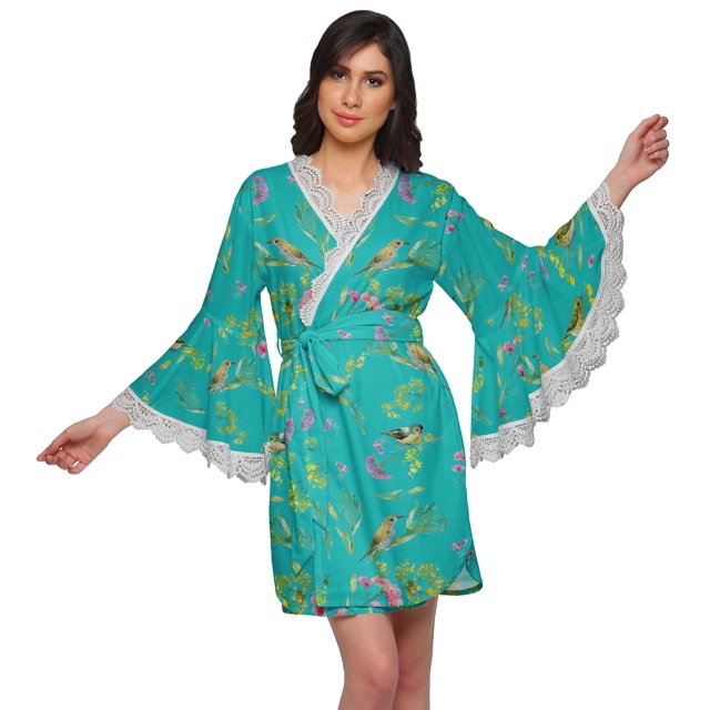 Moomaya Peignoir en Coton pour Femmes Robe de Chambre Imprimée Courte Peignoir de Douche Nuptiale