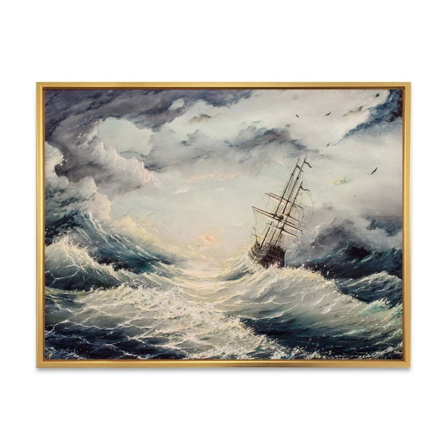 Designart Lutte contre les Éléments Cadre Flottant ART Mural Mettant en Vedette un Voilier Combattissant de Grandes Vagues Océaniques sous un Ciel Orageux, Imprimé sur Toile de Coton de Qualité Supérieure avec Encre Résistante à la Décoloration et Étiré sur un sous-Cadre en Bois de 1 Po à l'Intérieur d'Un Cadre Flottant en Bois, Arrivant Prêt à Accrocher et Convenant à une Déco Maison à Thème Nautique.