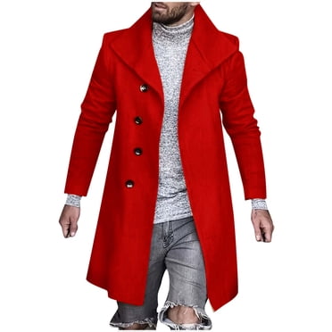 Penkiiy Men's Wool Blend Pea Coat Notched Collar Single Breasted Overcoat Warm Winter Trench Coat Red Clearance
