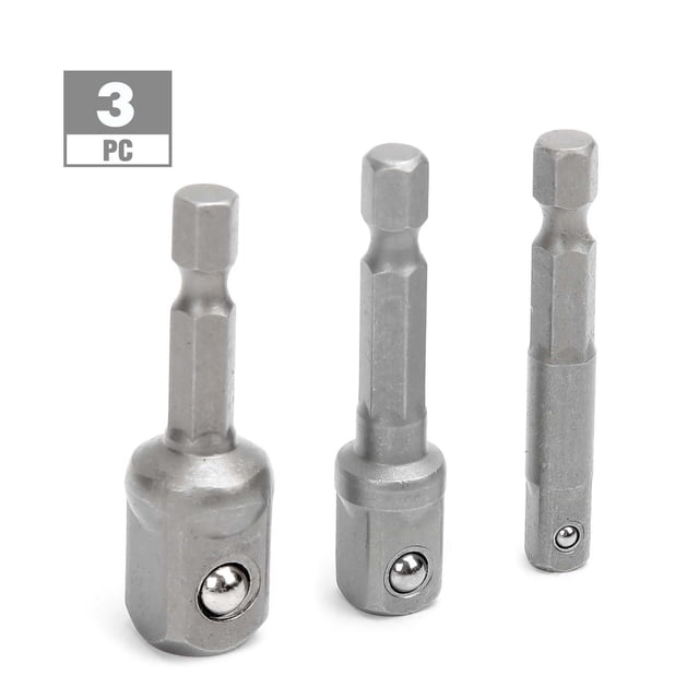 WorkPro Socket Adaptor Set - 3 Piece featuring three silver heat-treated CR-V steel socket adapters in 1/4-inch, 3/8-inch, and 1/2-inch sizes, impact rated for use with impact drivers and drills to convert them into socket drivers, displayed on a white background with a 3 PC label.