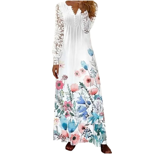 Robe à Manches Longues Femme Décontractée Col en V Manches Longues Taille Boutons Imprimé Robe Ample Robe d'Été à Manches Longues Robe d'Été Ample pour Femme Robe Longue d'Été pour Femme