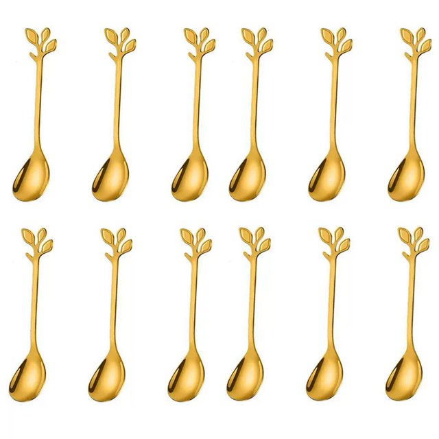 BUYISI 12 Pcs Stainless Steel Tree Leaf Spoon Coffee Spoon Fruit Spoon Tea Spoon Set Gold