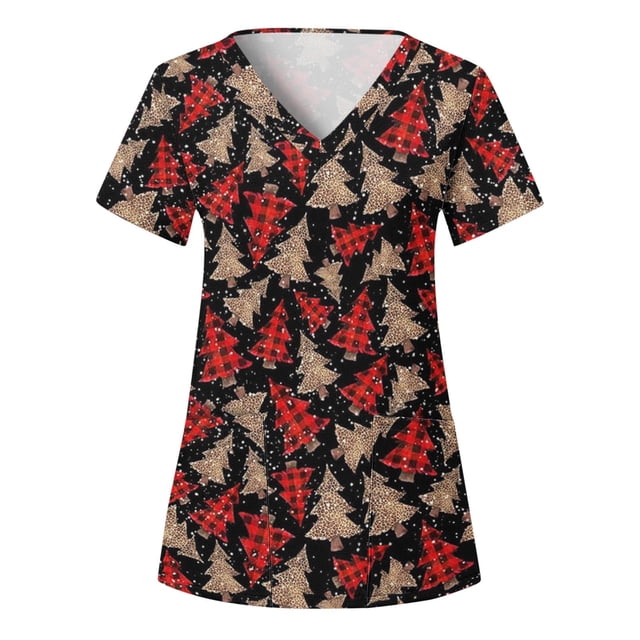 Snorda Haut de Sarrau pour Femme Mode Manches Courtes Col en V Hauts Uniforme de Travail Imprimé Blouse à Poche Hauts